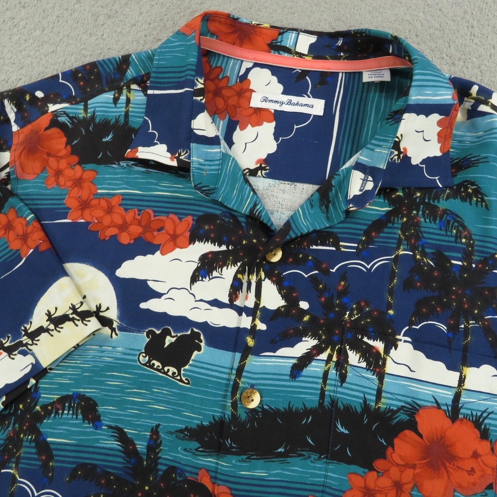 Tommy Bahama Button Up Men L Blue Silk Christmas Reindeer Hawaiian Aloha Shirt